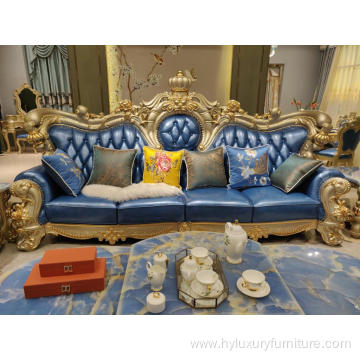luxury wooden carved furniture leather European sofa